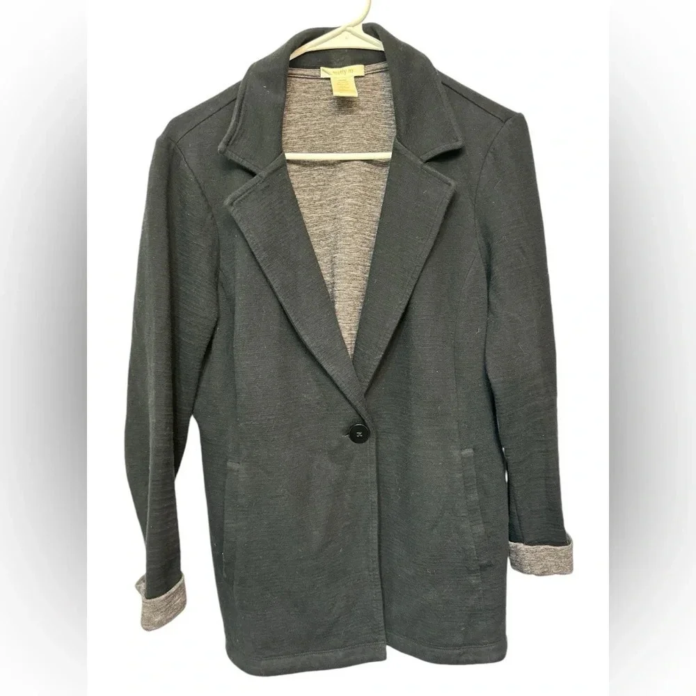 Matty M Womens Black Shawl Neck Casual Knit Roll Sleeve Open Front Blazer